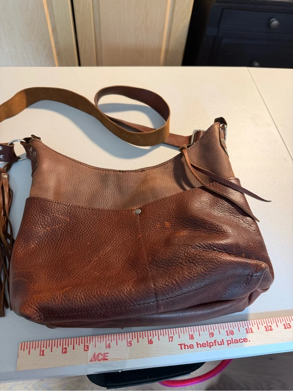 Hand Crafted Brown Leather Shoulder Bag with Tassel